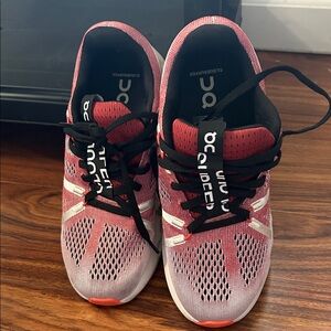 On Running Women's Pink and Black Sneakers.  running small size